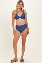 Blue Gray Twist Front V-Neck Bikini Set