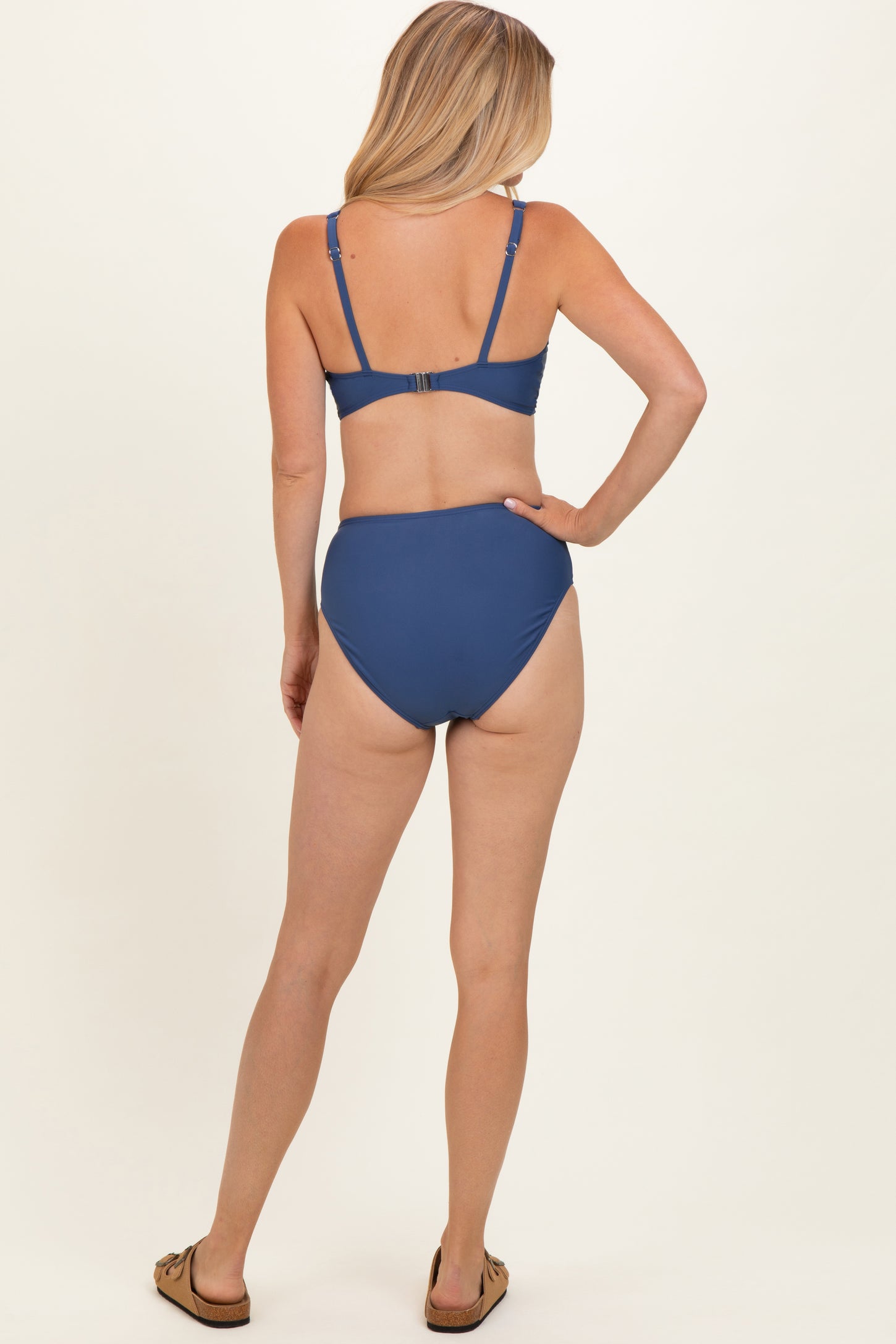 Blue Gray Twist Front V-Neck Bikini Set