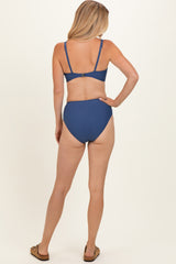 Blue Gray Twist Front V-Neck Bikini Set