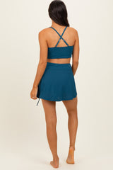 Teal Ribbed Crop Tank Swim Skirt Set