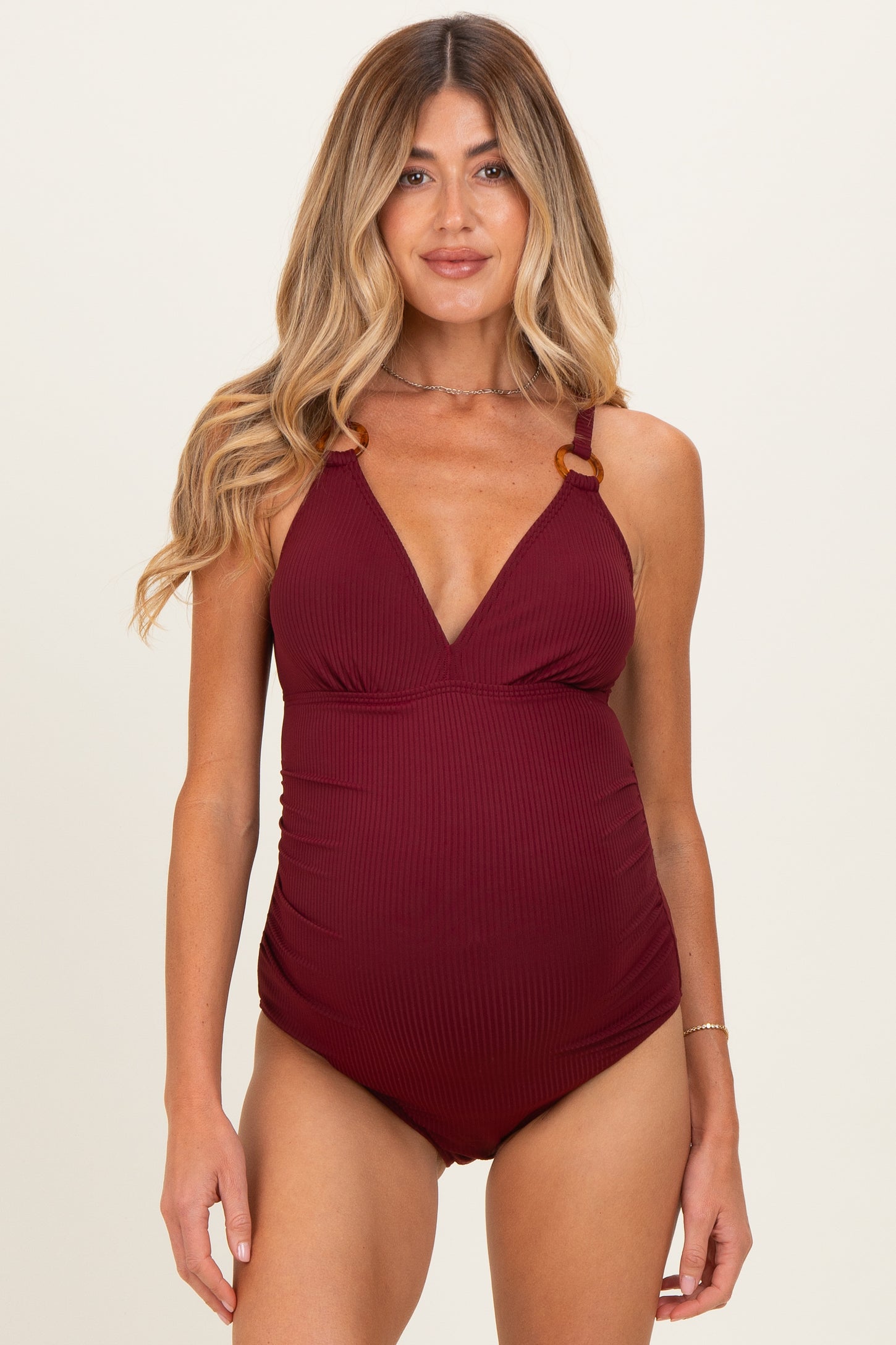 Dark Red Ribbed O-Ring Strap Cutout Back One Piece Maternity Swimsuit