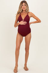 Dark Red Ribbed O-Ring Strap Cutout Back One Piece Maternity Swimsuit