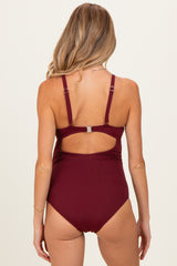 Dark Red Ribbed O-Ring Strap Cutout Back One Piece Maternity Swimsuit