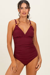 Dark Red Ribbed O-Ring Strap Cutout Back One Piece Maternity Swimsuit