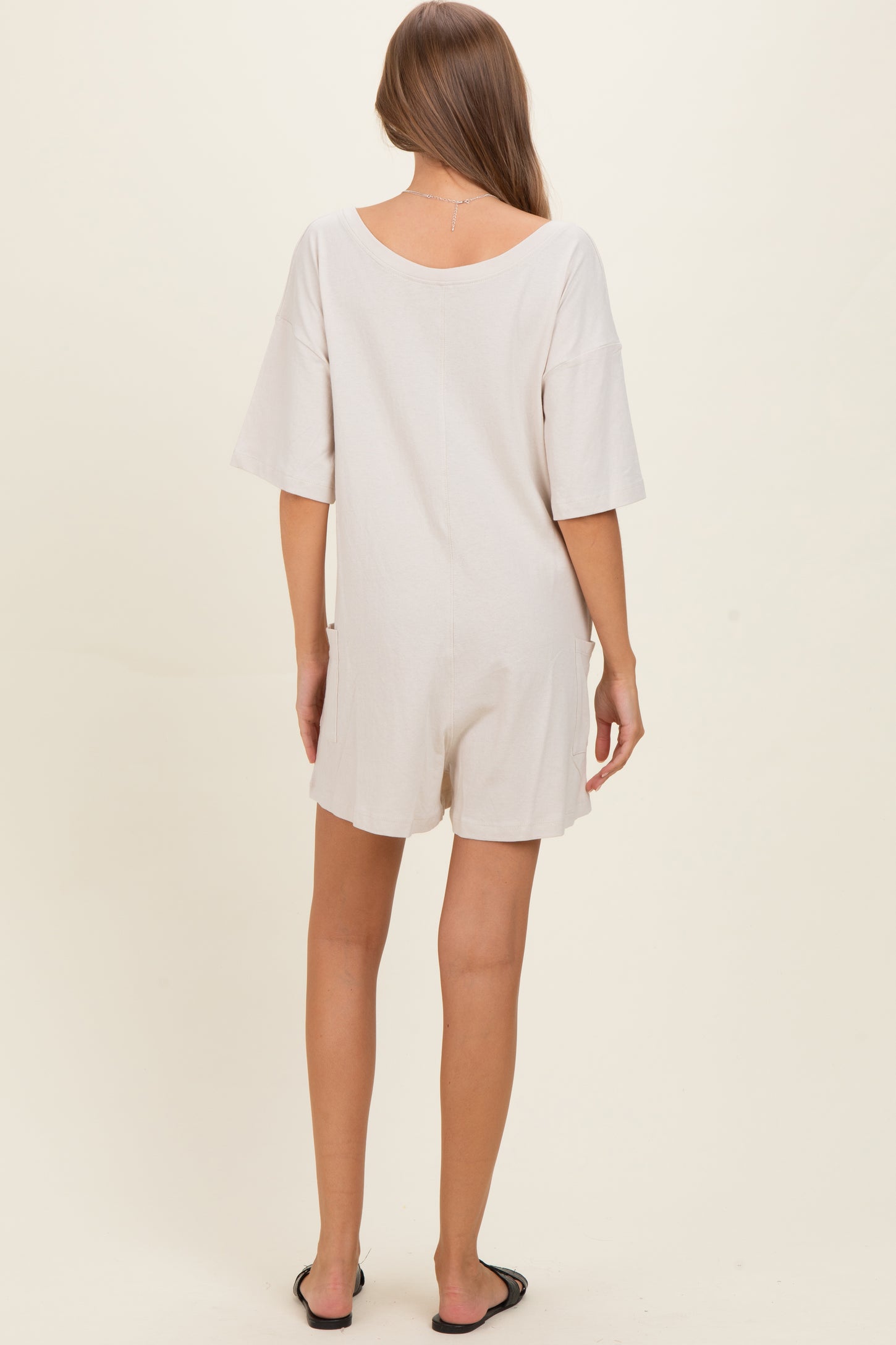 Beige Scoop Neck Maternity Romper