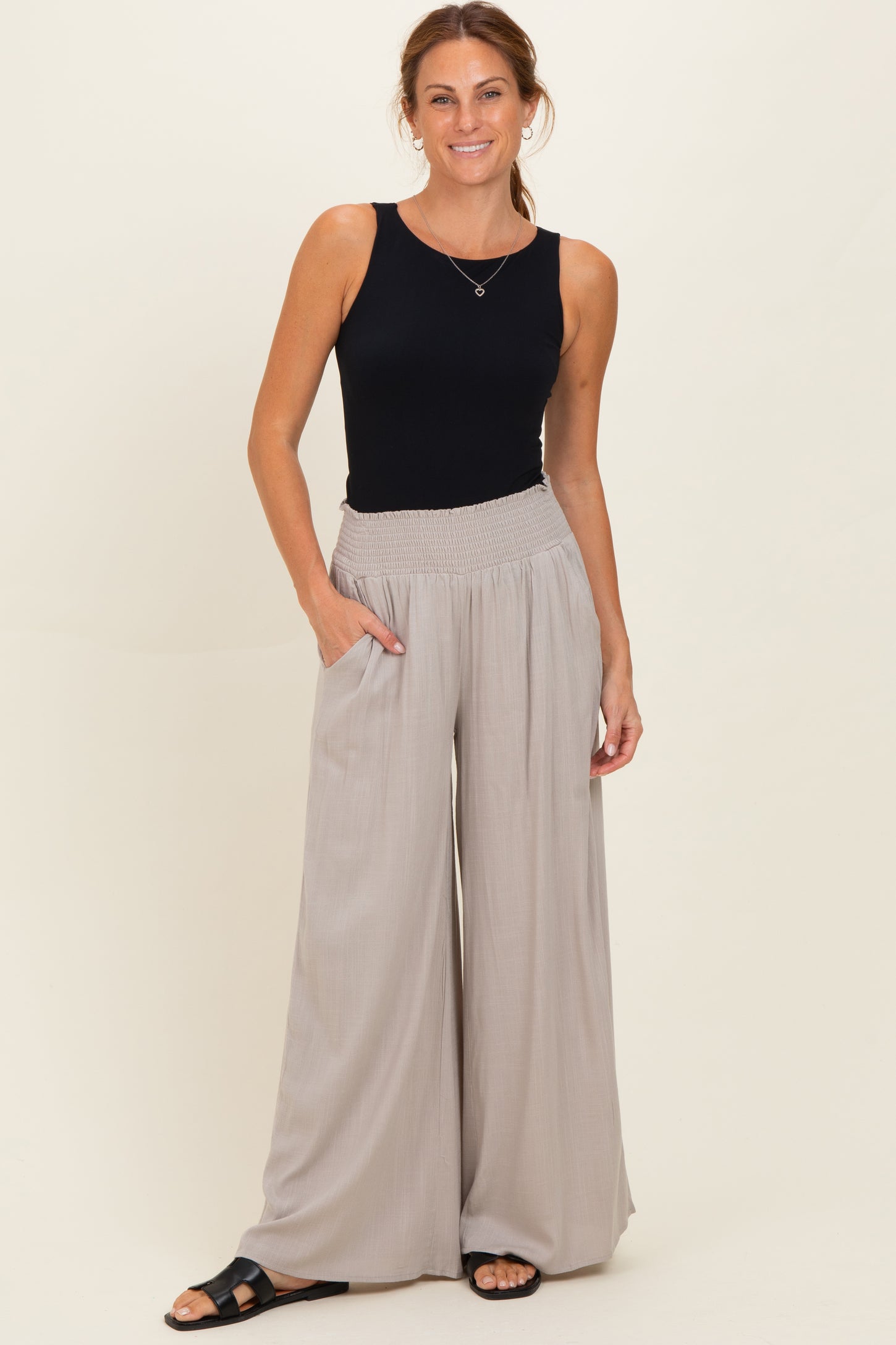 Beige Smocked Waistband Wide Leg Lounge Pants