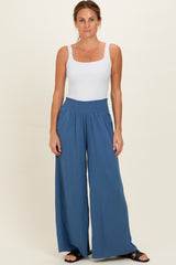 Denim Smocked Waistband Wide Leg Maternity Lounge Pants