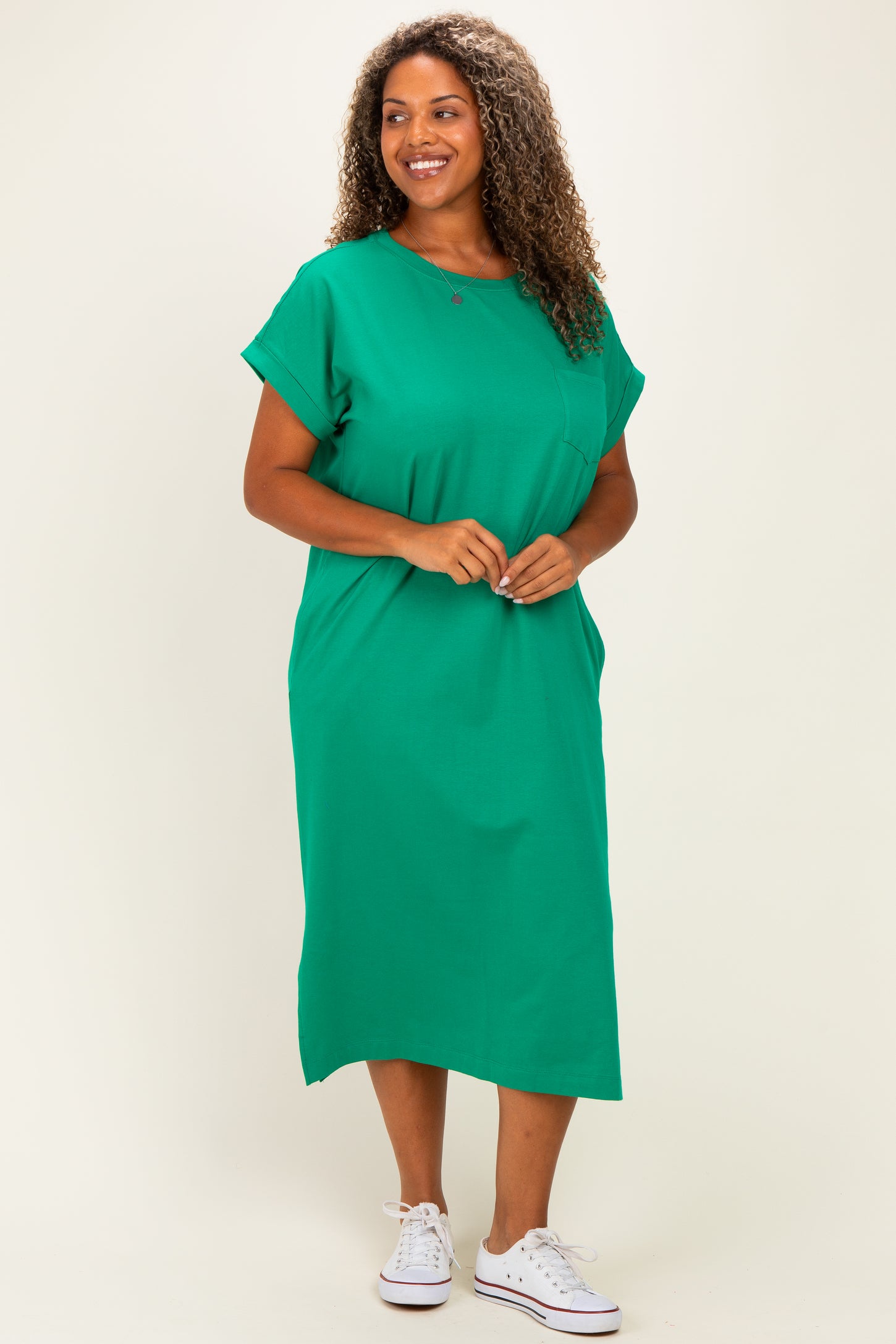 Green Plus Round Neck Short Sleeve Midi Dress