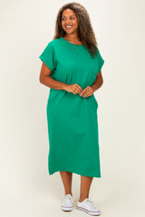 Green Plus Round Neck Short Sleeve Midi Dress