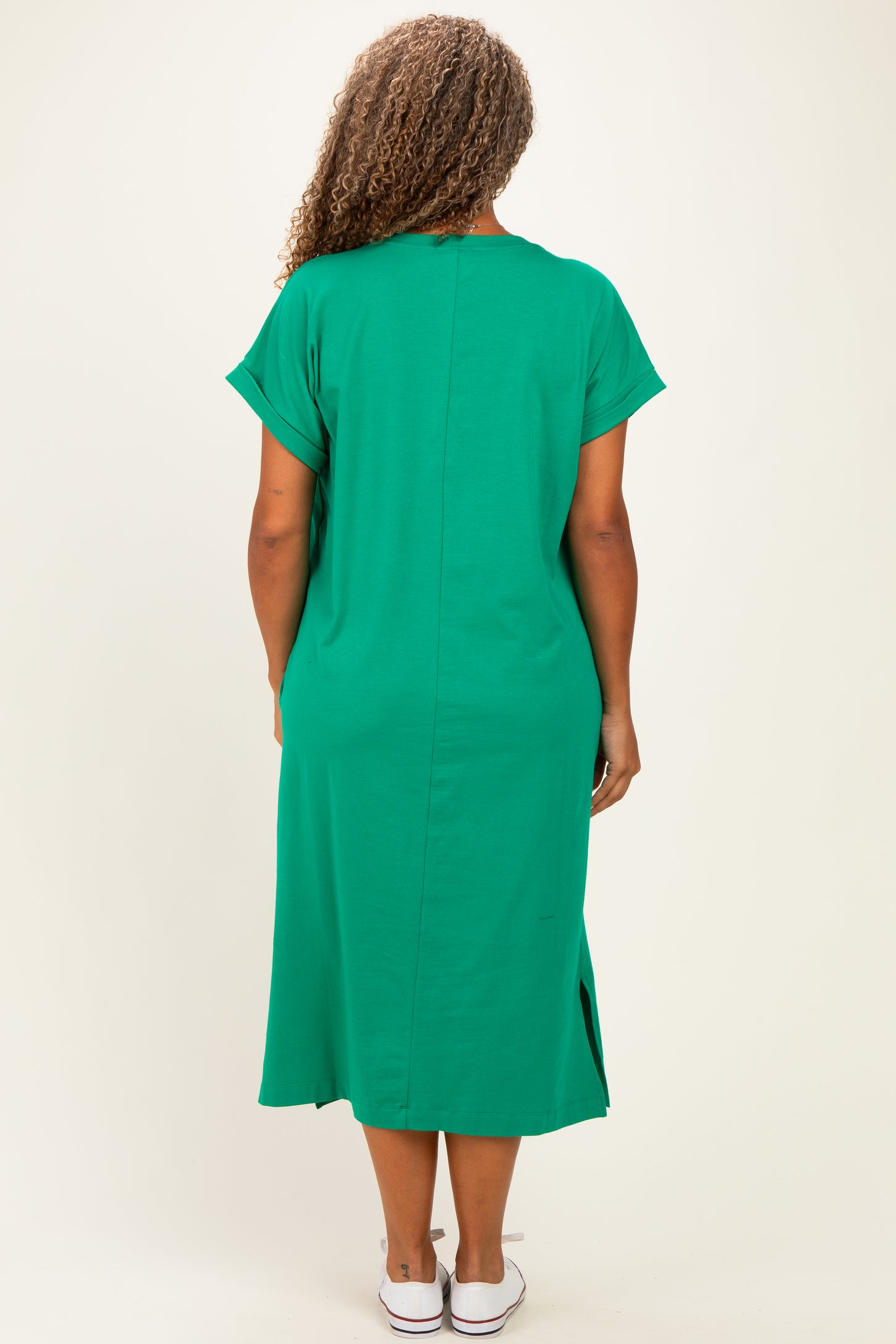 Green Plus Round Neck Short Sleeve Midi Dress