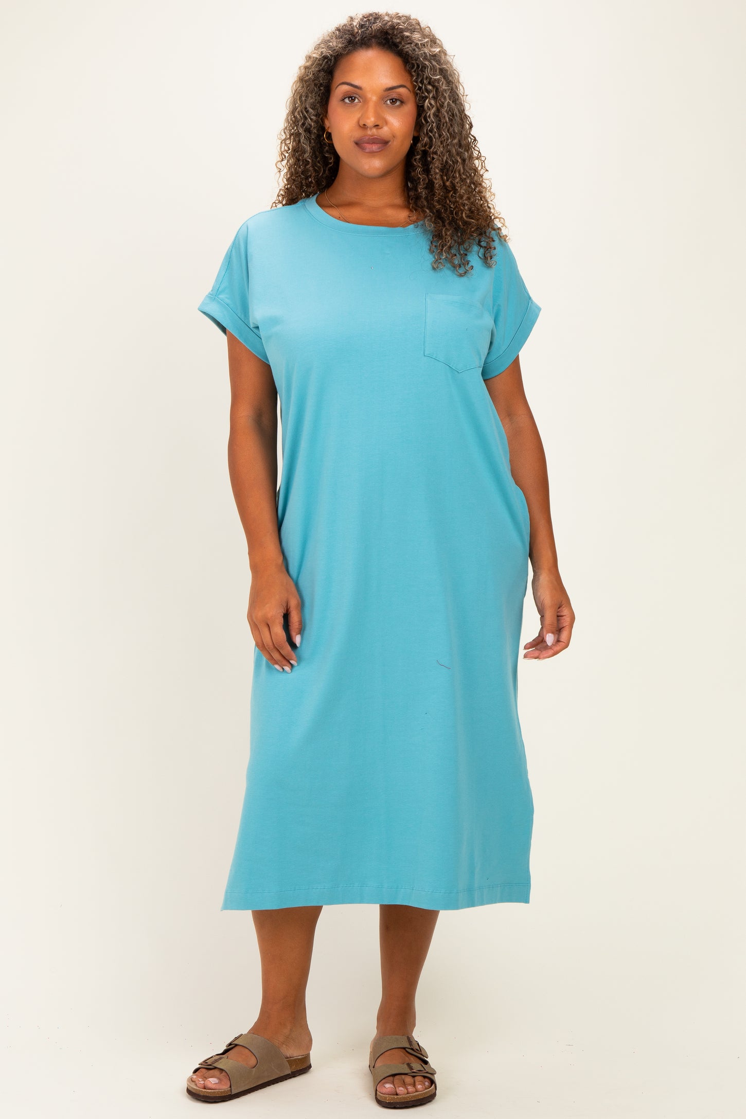 Dusty Aqua  Plus Round Neck Short Sleeve Midi Dress