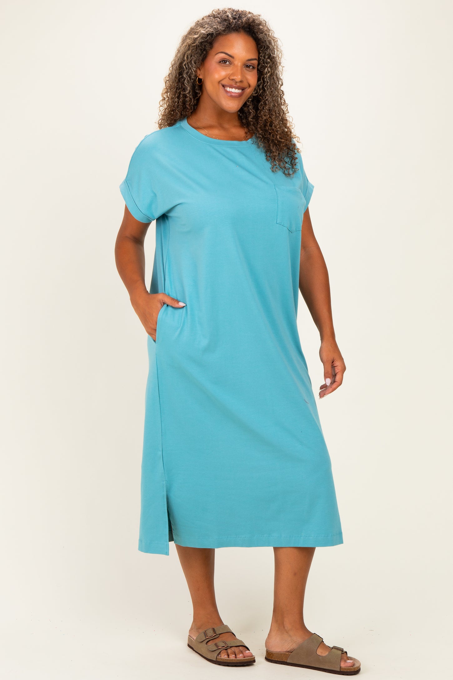 Dusty Aqua  Plus Round Neck Short Sleeve Midi Dress