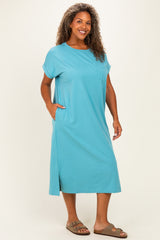 Dusty Aqua  Plus Round Neck Short Sleeve Midi Dress