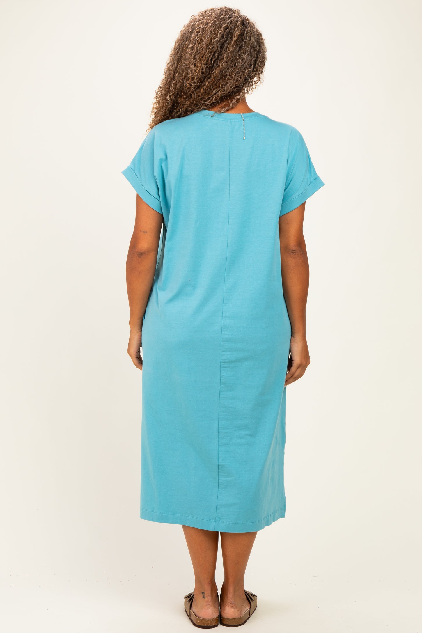 Dusty Aqua  Plus Round Neck Short Sleeve Midi Dress