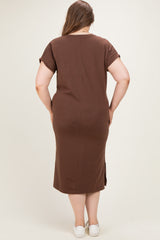 Brown Plus Round Neck Short Sleeve Maternity Midi Dress