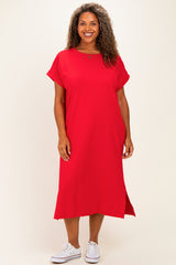 Red Plus Round Neck Short Sleeve Midi Dress
