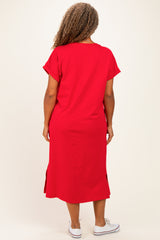 Red Plus Round Neck Short Sleeve Midi Dress