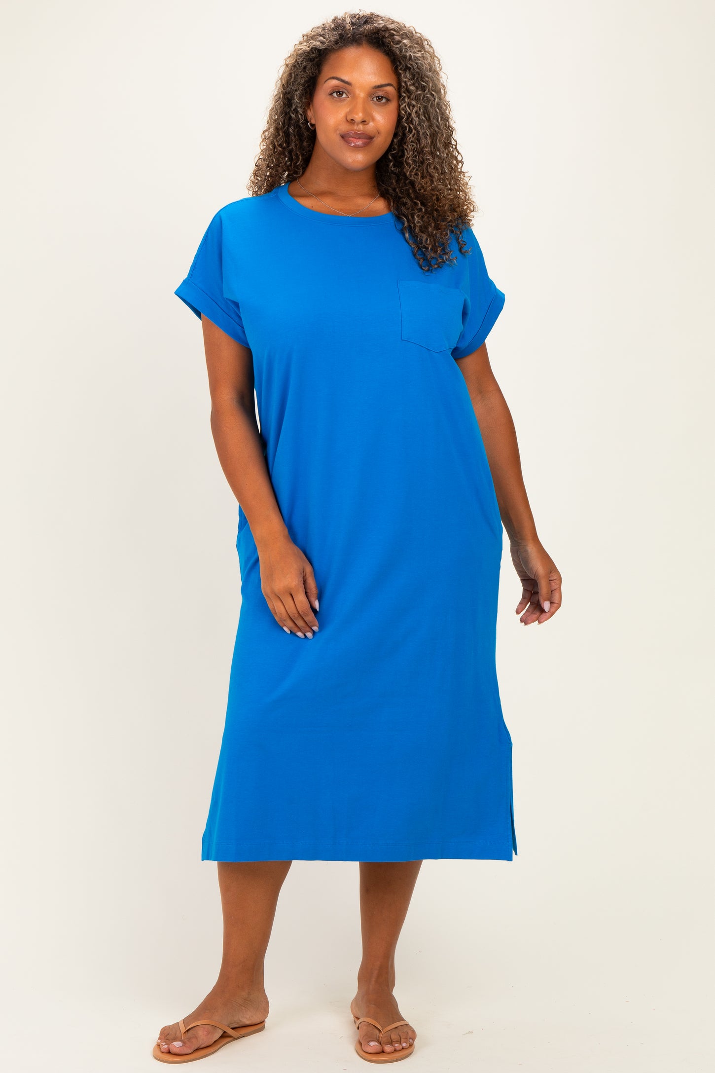Royal Blue  Plus Round Neck Short Sleeve Midi Dress