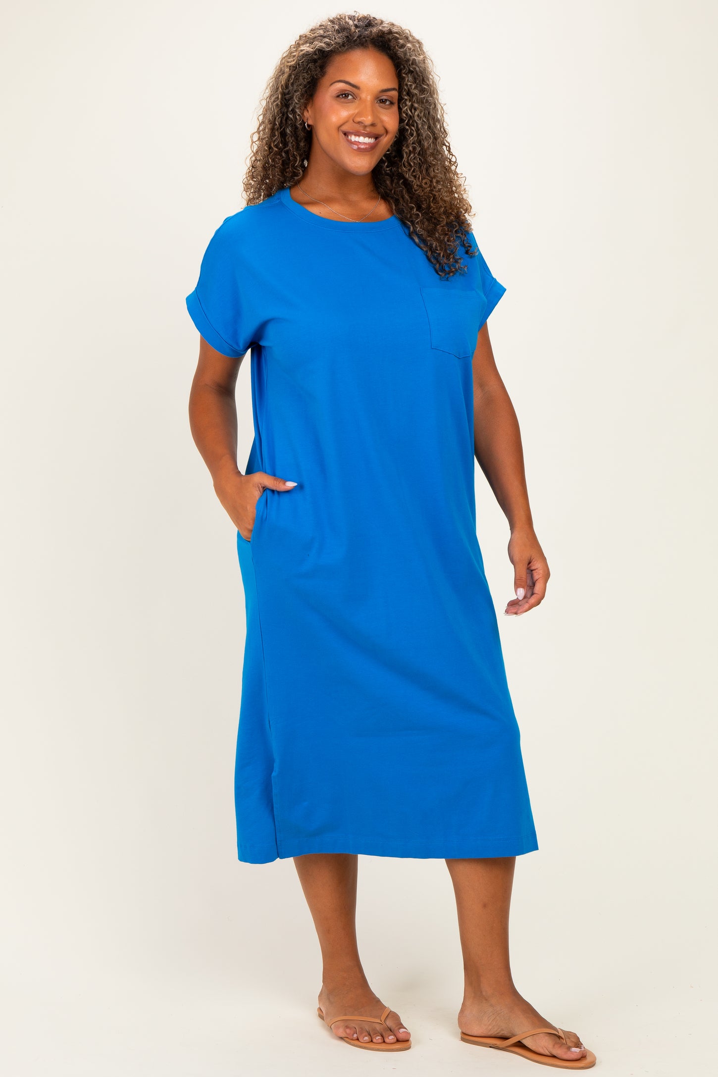 Royal Blue  Plus Round Neck Short Sleeve Midi Dress