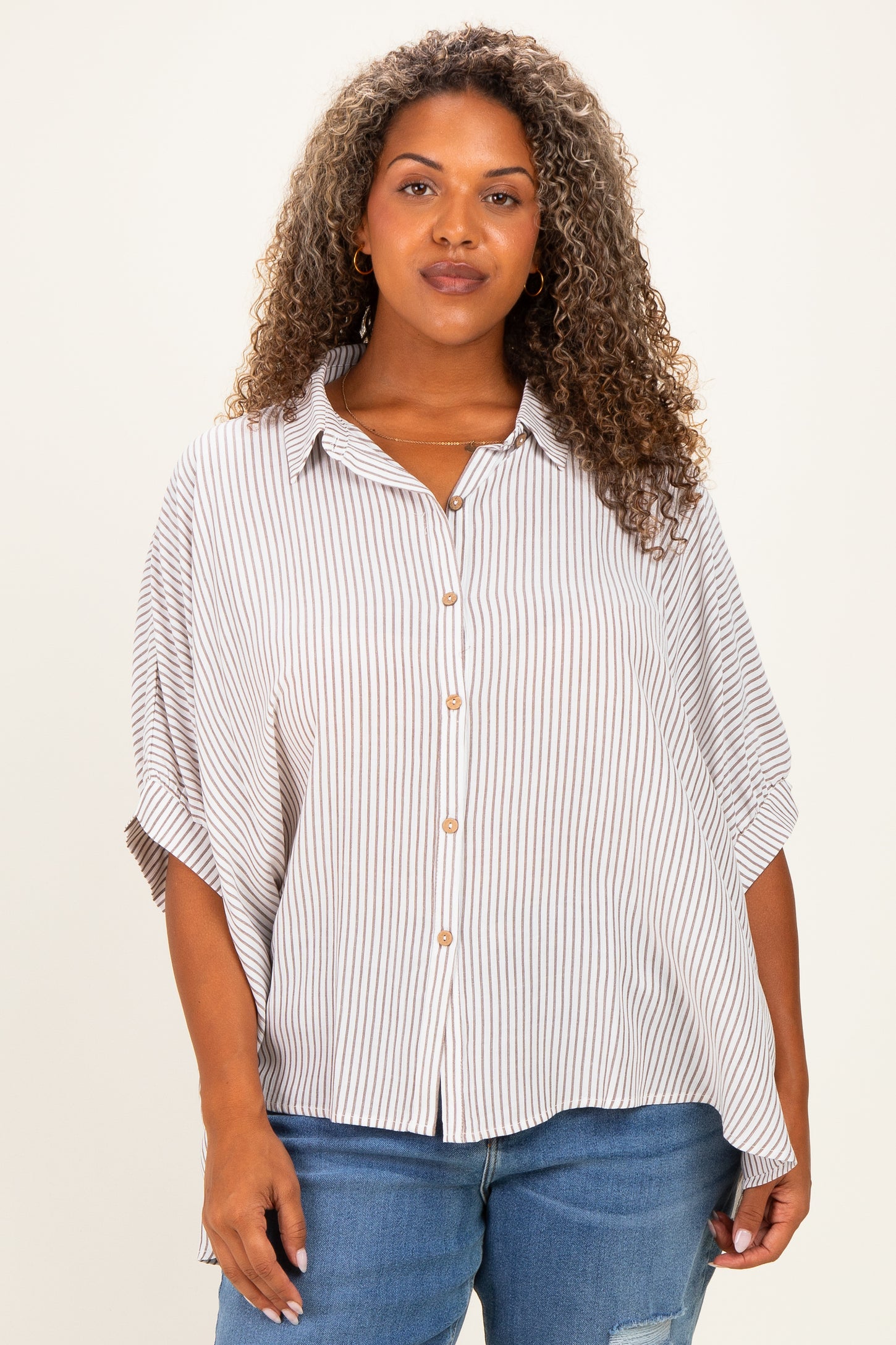 Brown Plus Woven Stripe Button Down Top