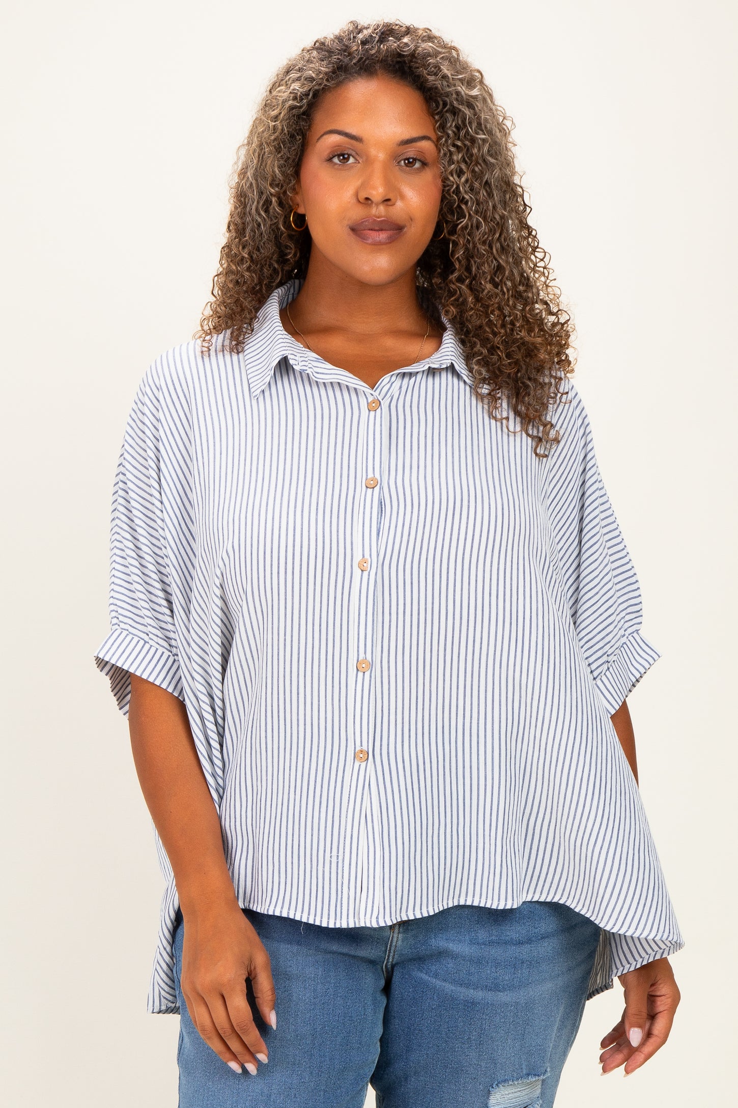 Blue Plus Woven Stripe Button Down Top