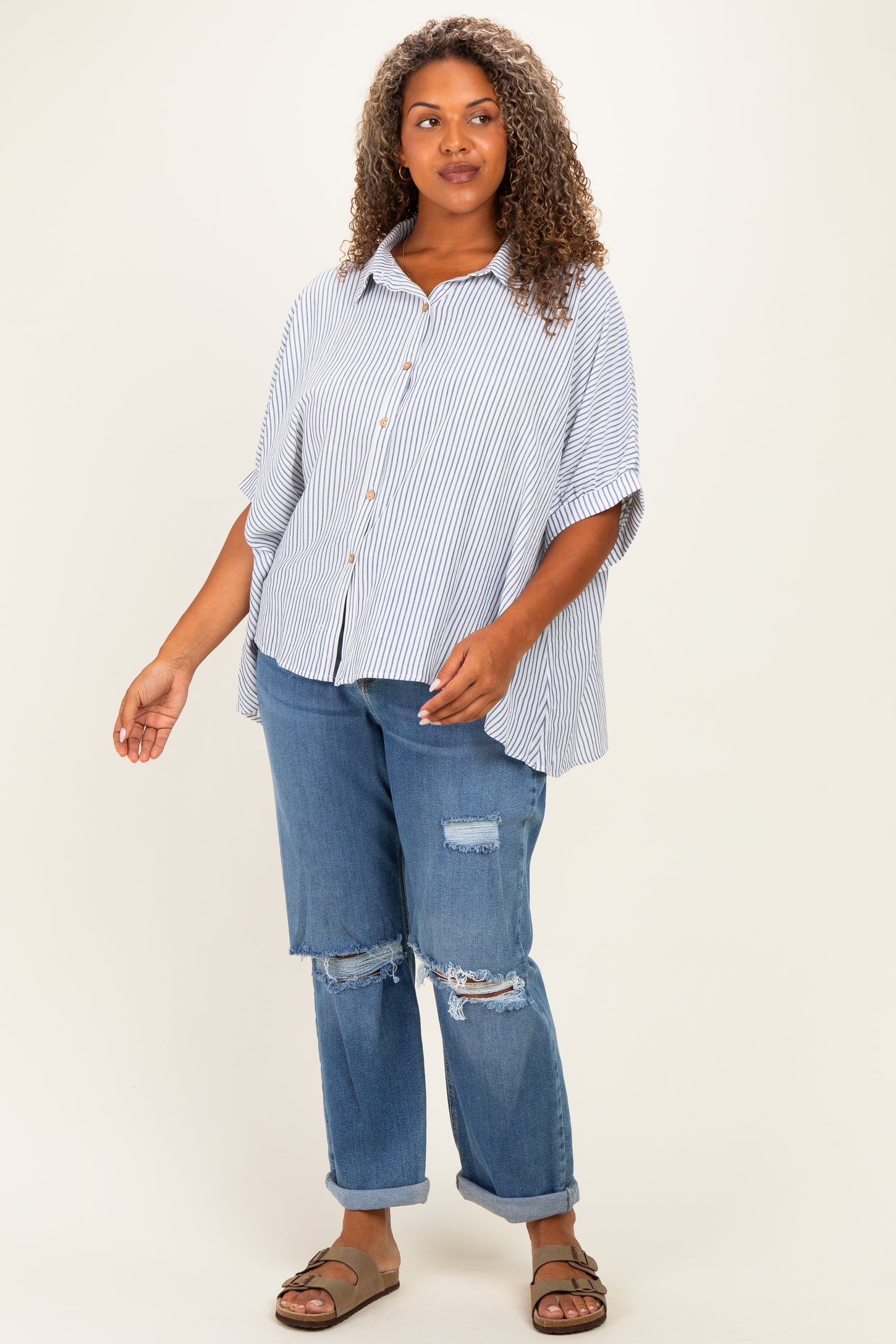 Blue Plus Woven Stripe Button Down Top