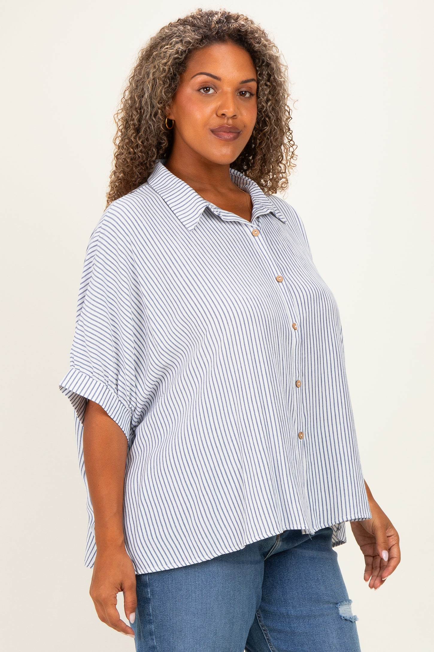 Blue Plus Woven Stripe Button Down Top