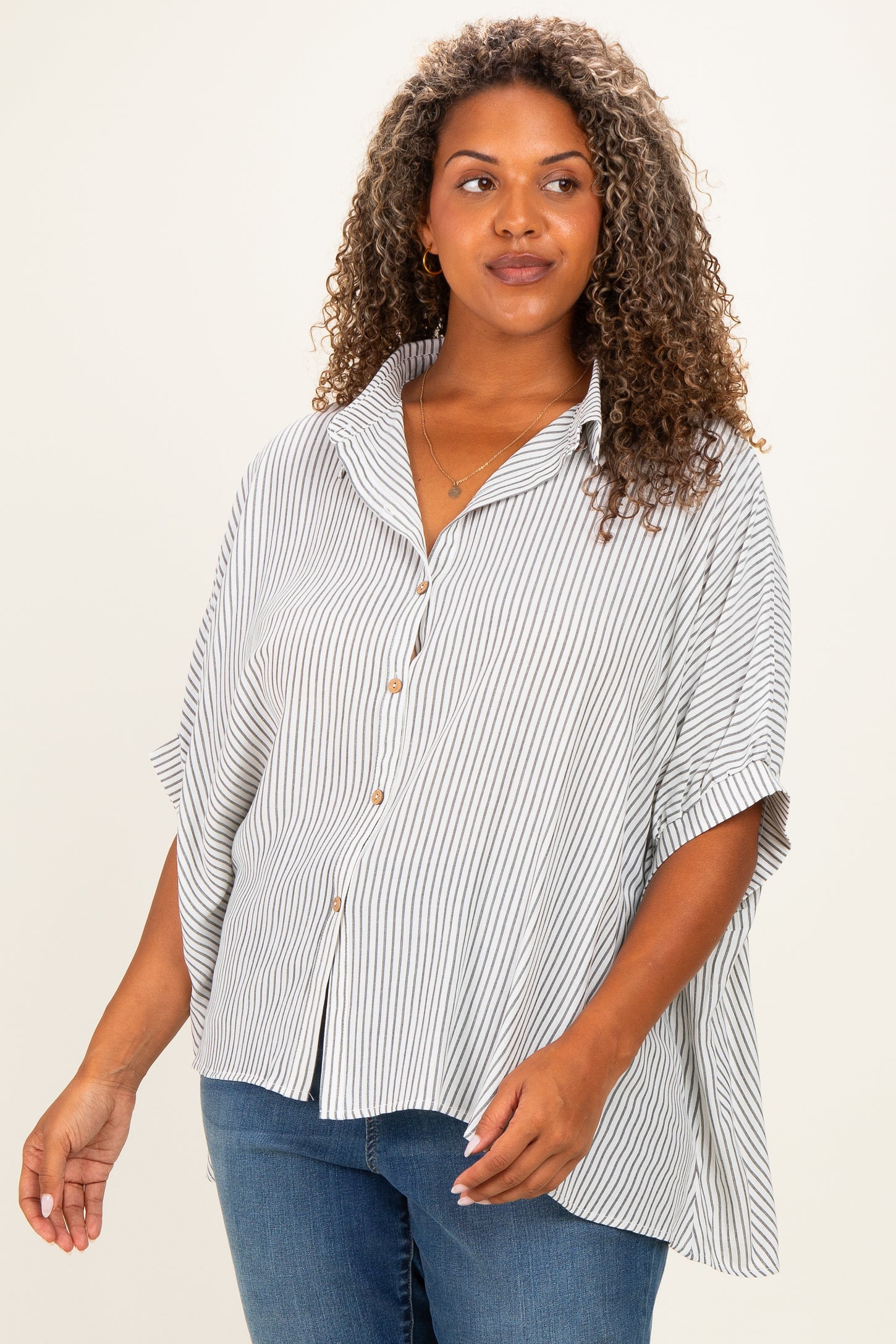 Black Plus Woven Stripe Button Down Top