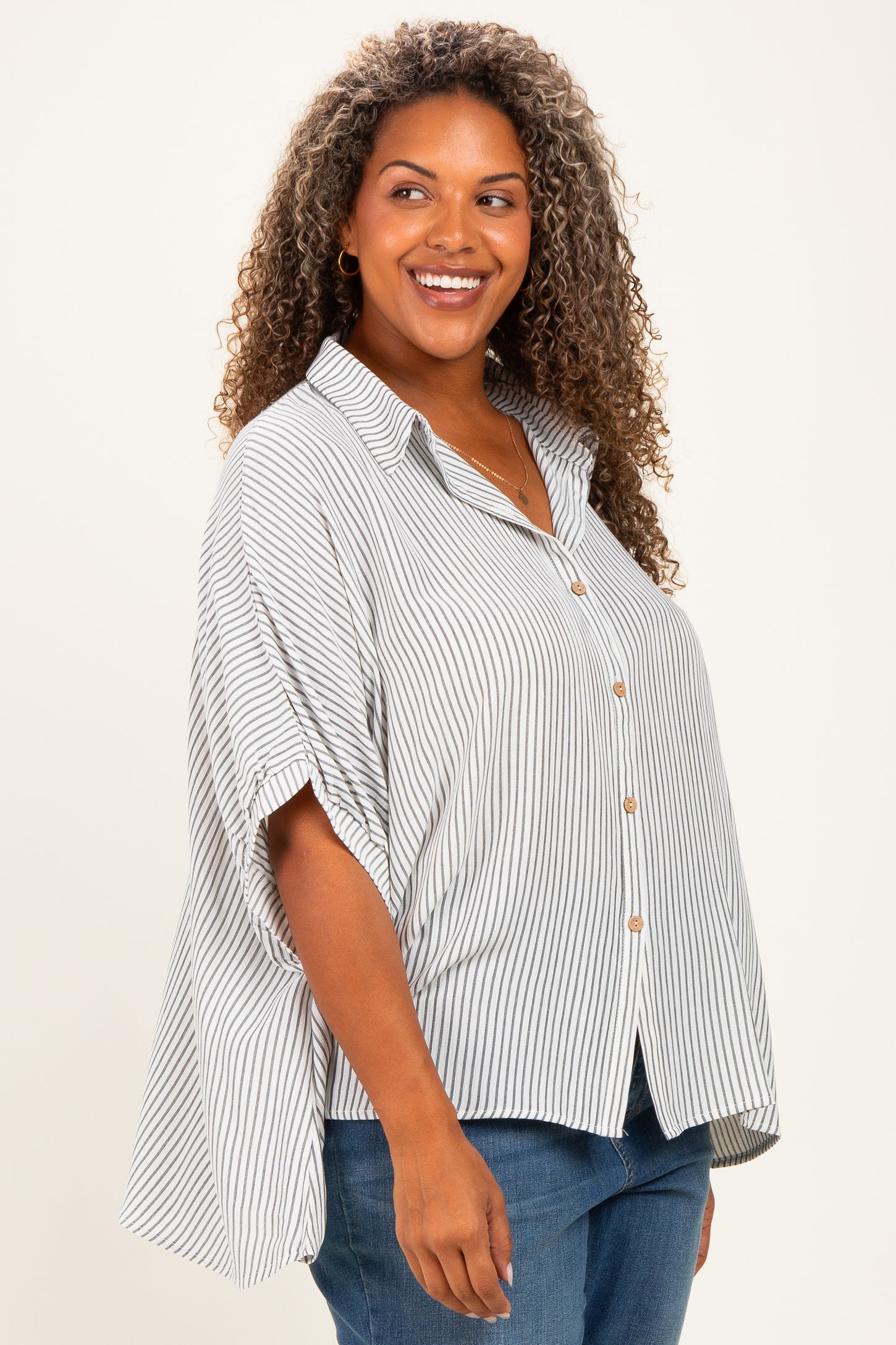 Black Plus Woven Stripe Button Down Top