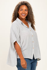 Black Plus Woven Stripe Button Down Top