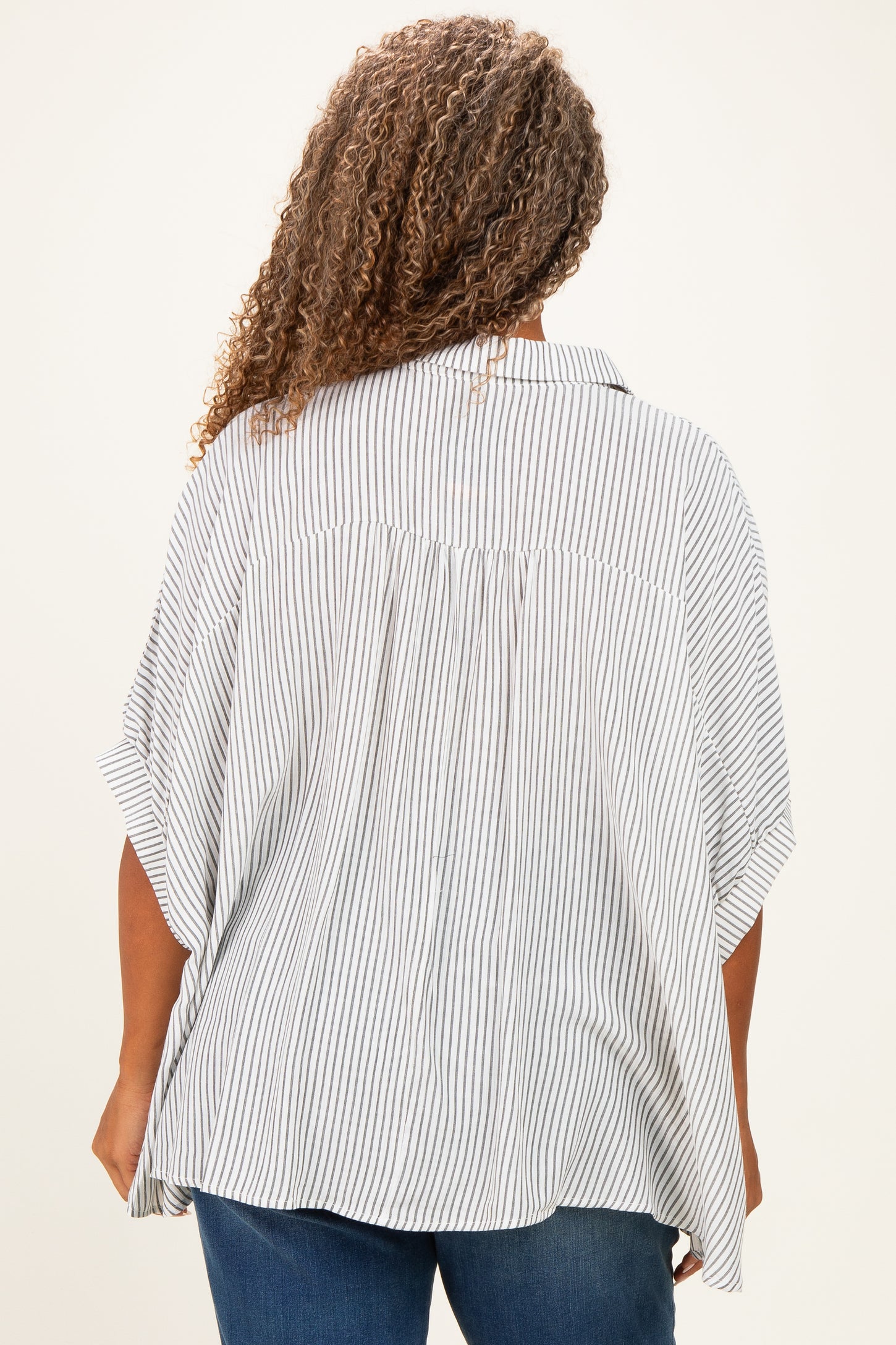 Black Plus Woven Stripe Button Down Top