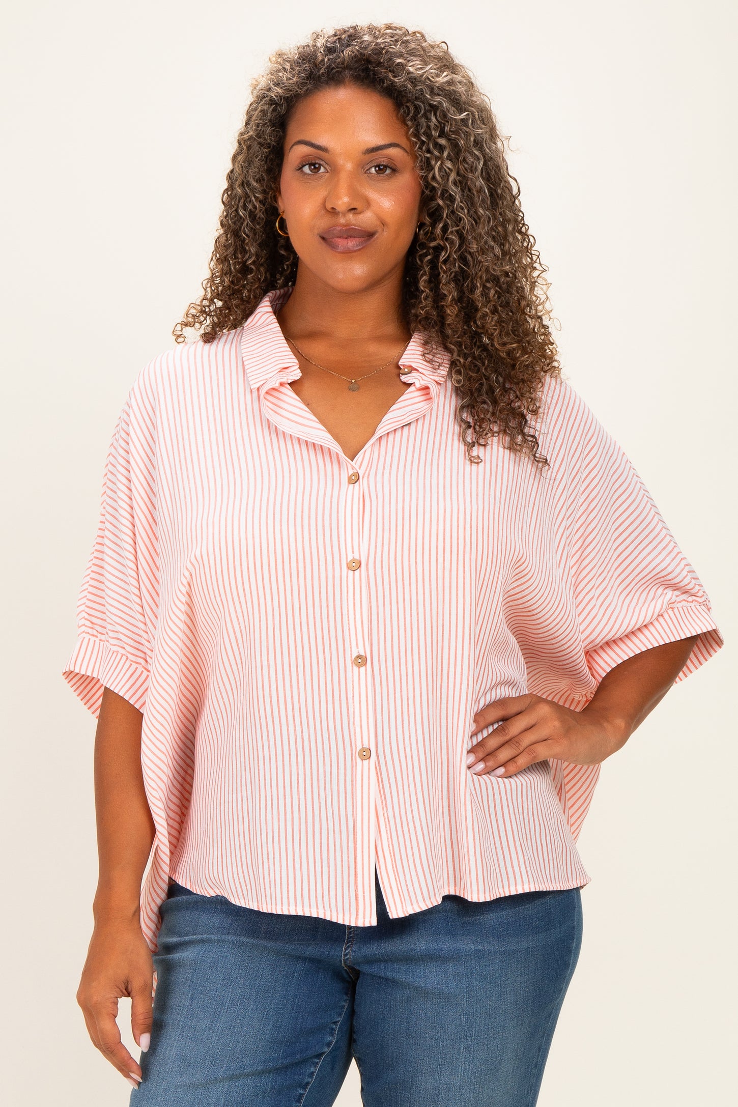 Coral Plus Woven Stripe Button Down  Maternity Top