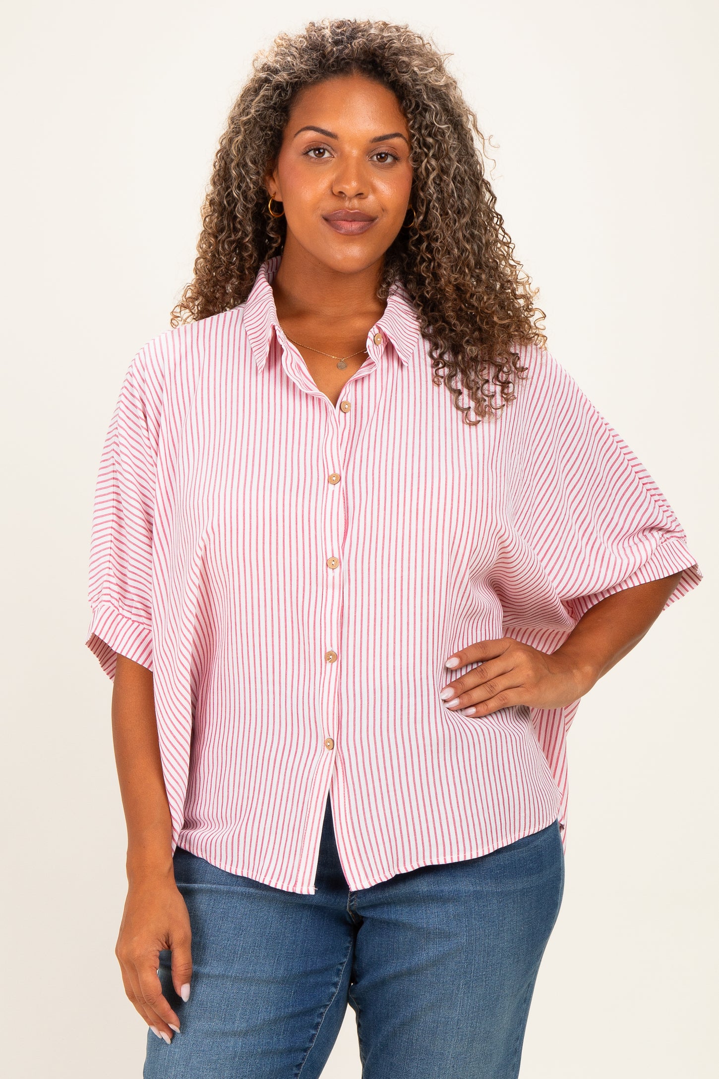 Red Plus Woven Stripe Button Down Top