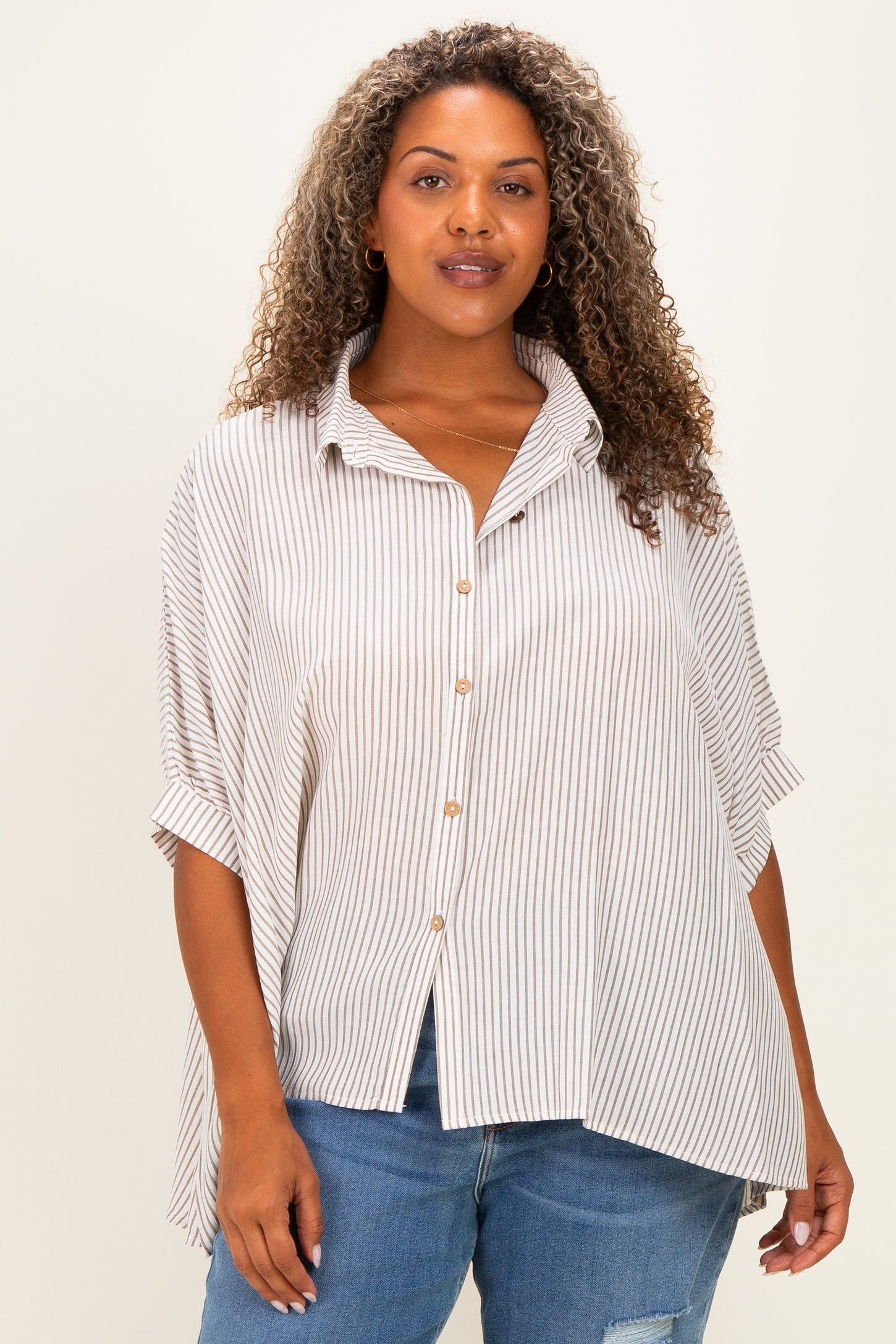 Taupe Plus Woven Stripe Button Down Top