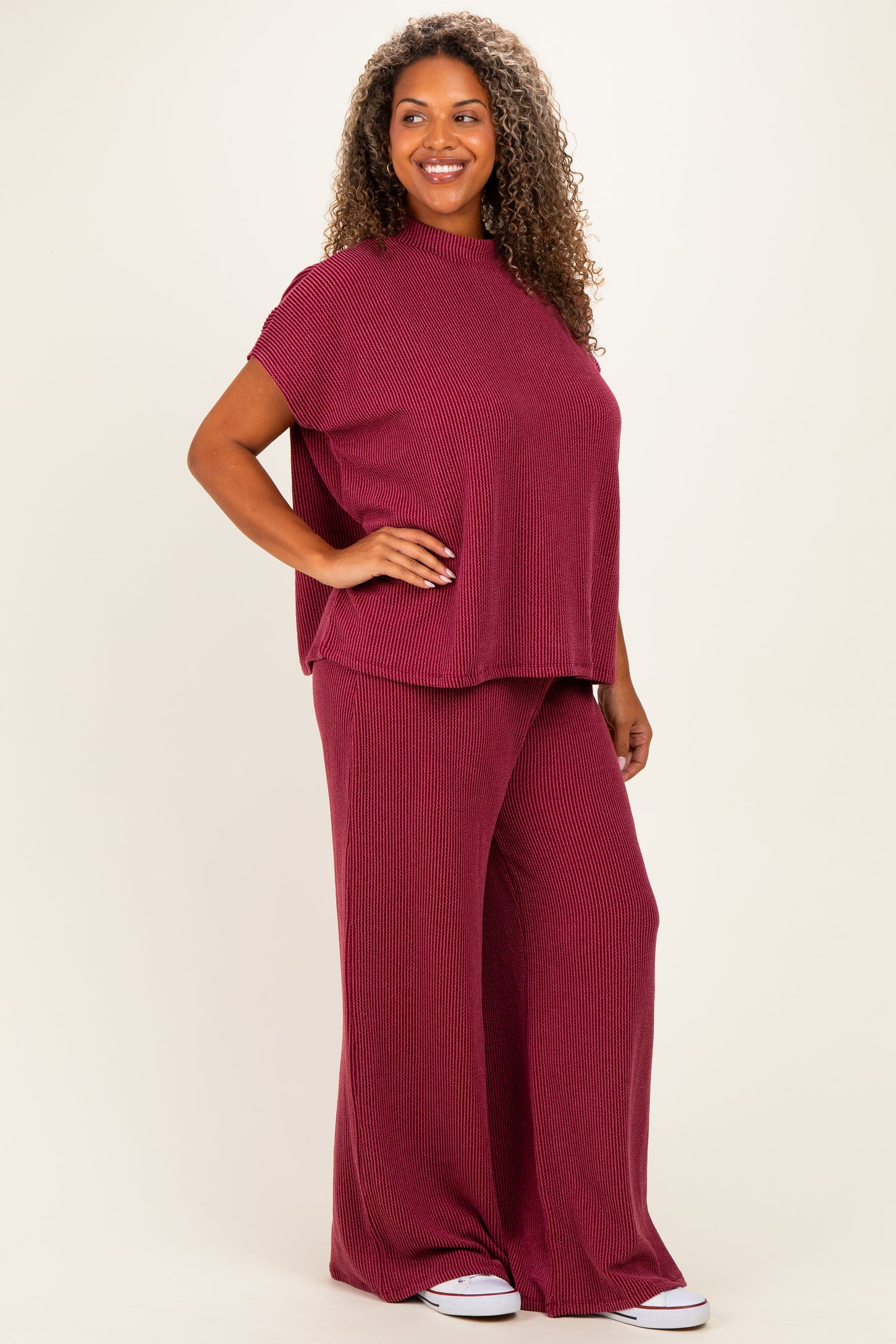 Burgundy Plus Raised Rib Short Sleeve Tee & Pants Set