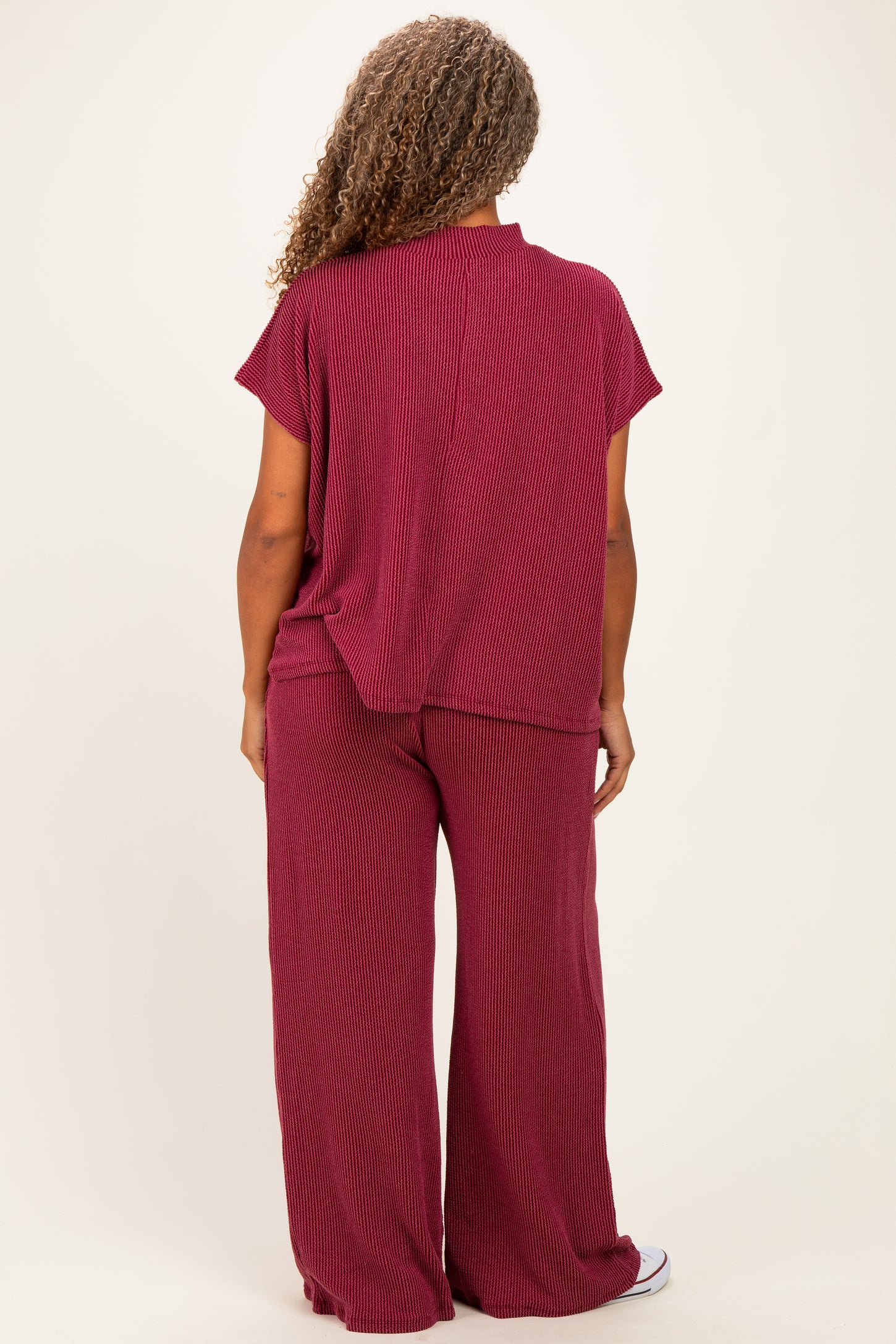 Burgundy Plus Raised Rib Short Sleeve Tee & Pants Set