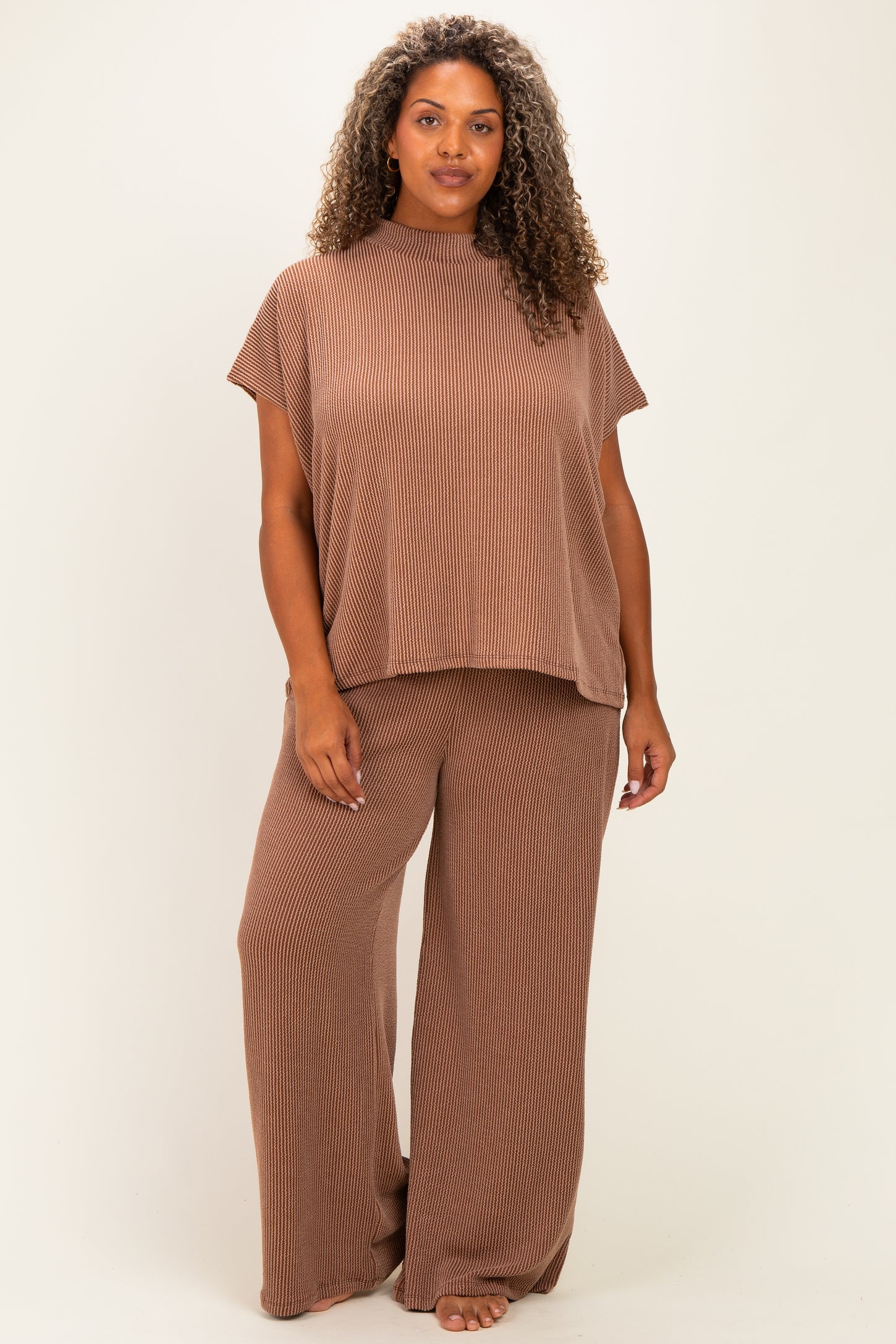 Brown Plus Raised Rib Short Sleeve Maternity Tee & Pants Set