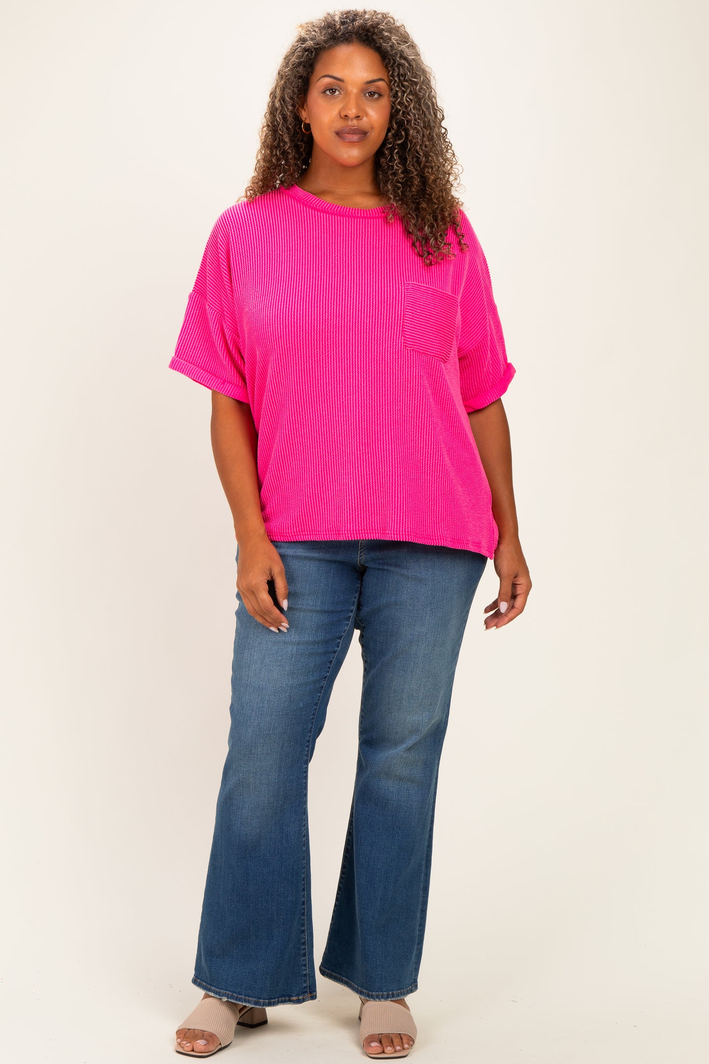 Hot Pink Plus Raised Rib Short Sleeve Front Pocket Top
