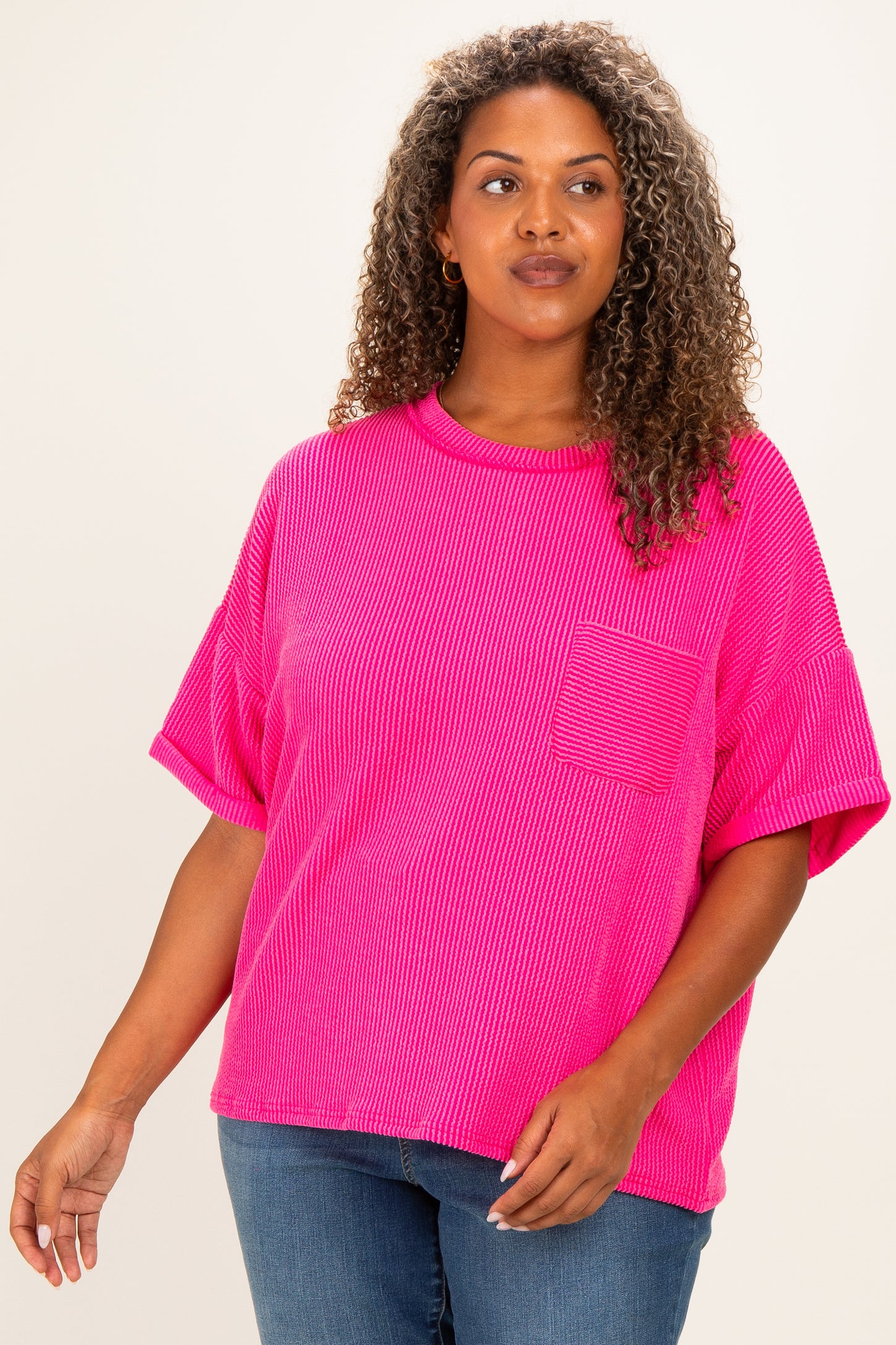 Hot Pink Plus Raised Rib Short Sleeve Front Pocket Top