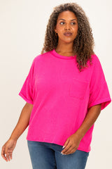 Hot Pink Plus Raised Rib Short Sleeve Front Pocket Top