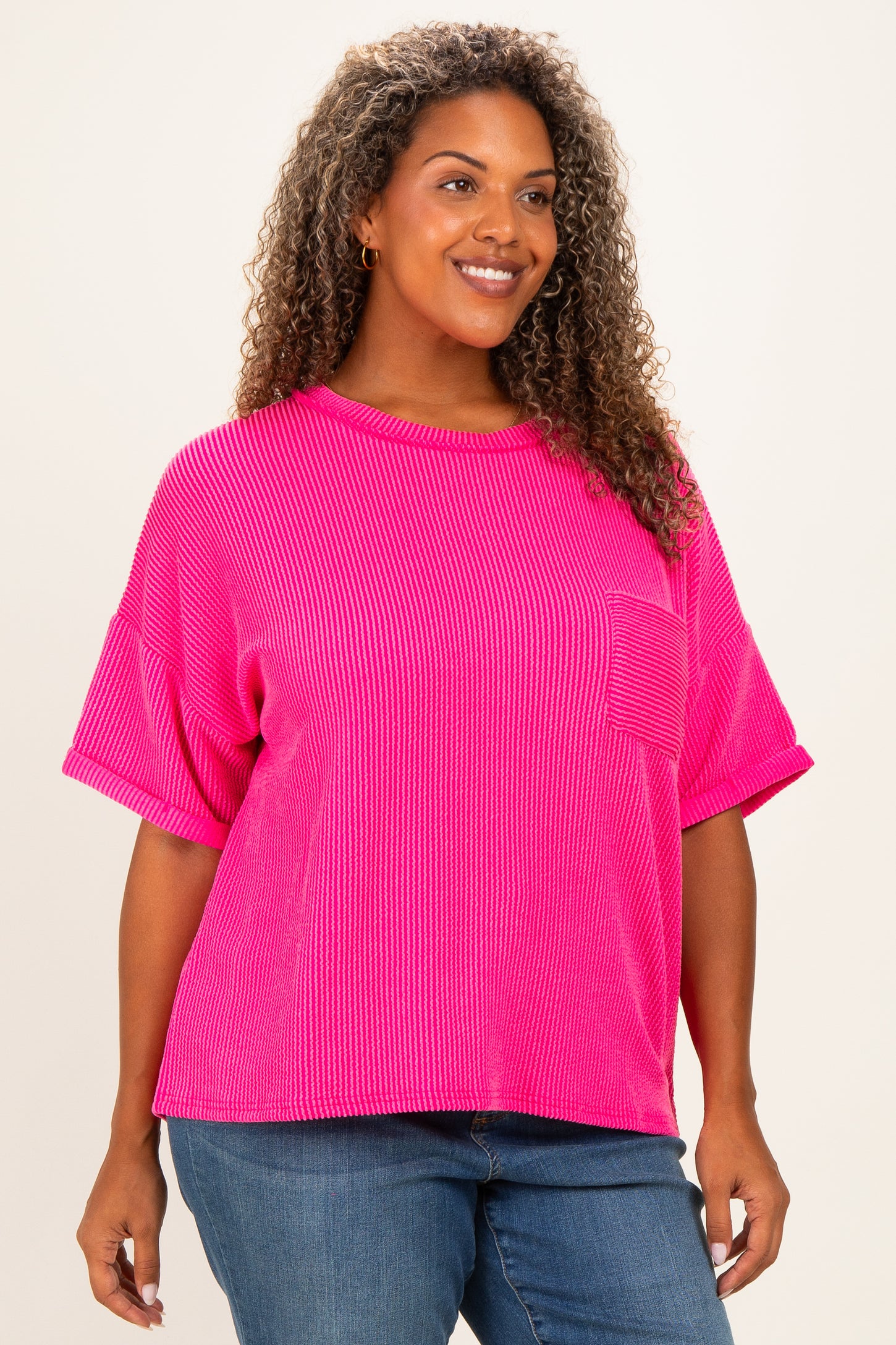 Hot Pink Plus Raised Rib Short Sleeve Front Pocket Top
