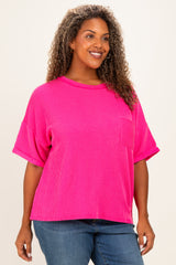 Hot Pink Plus Raised Rib Short Sleeve Front Pocket Top