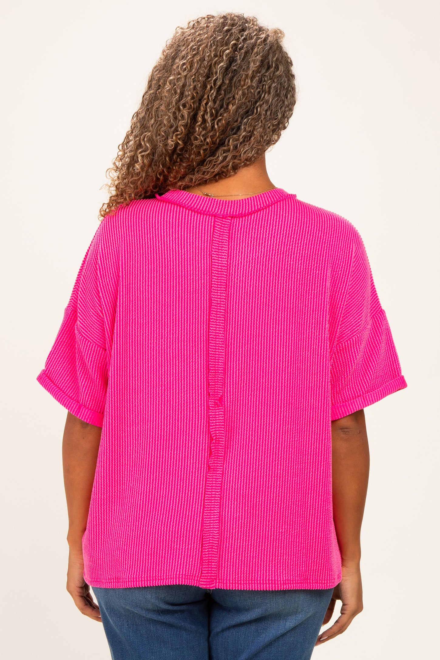 Hot Pink Plus Raised Rib Short Sleeve Front Pocket Top