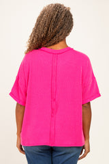 Hot Pink Plus Raised Rib Short Sleeve Front Pocket Top