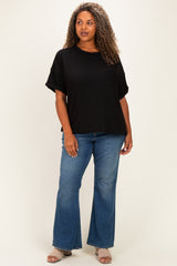 Black Plus Raised Rib Short Sleeve Front Pocket Top