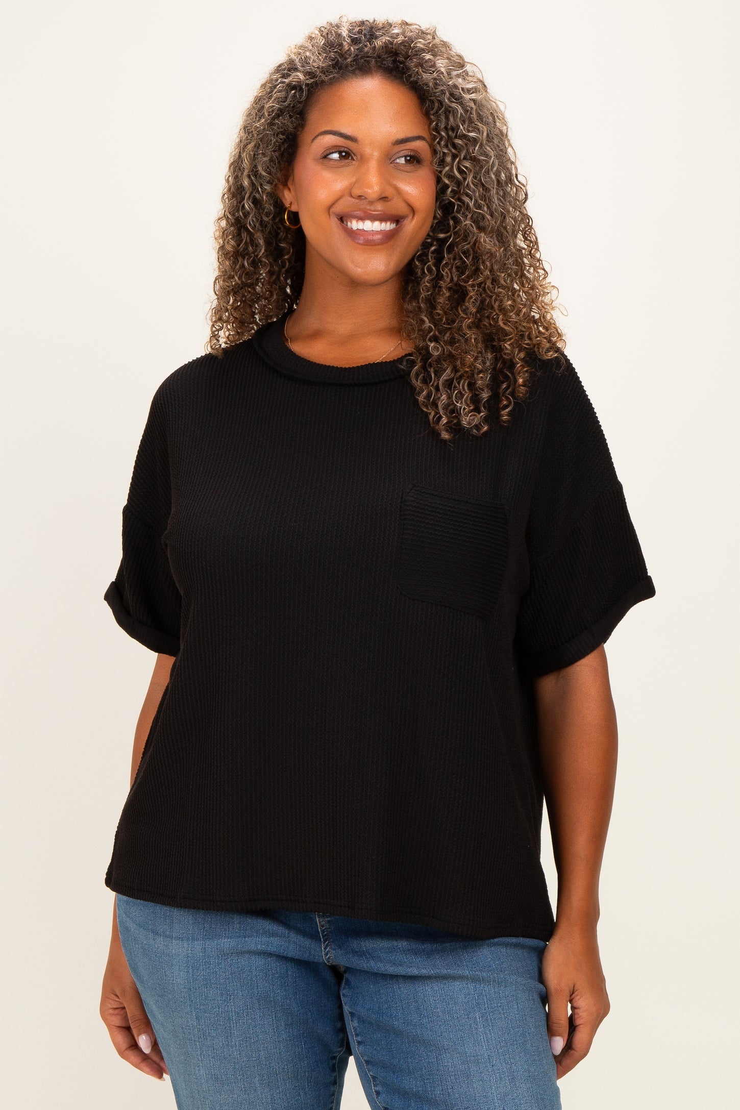 Black Plus Raised Rib Short Sleeve Front Pocket Top
