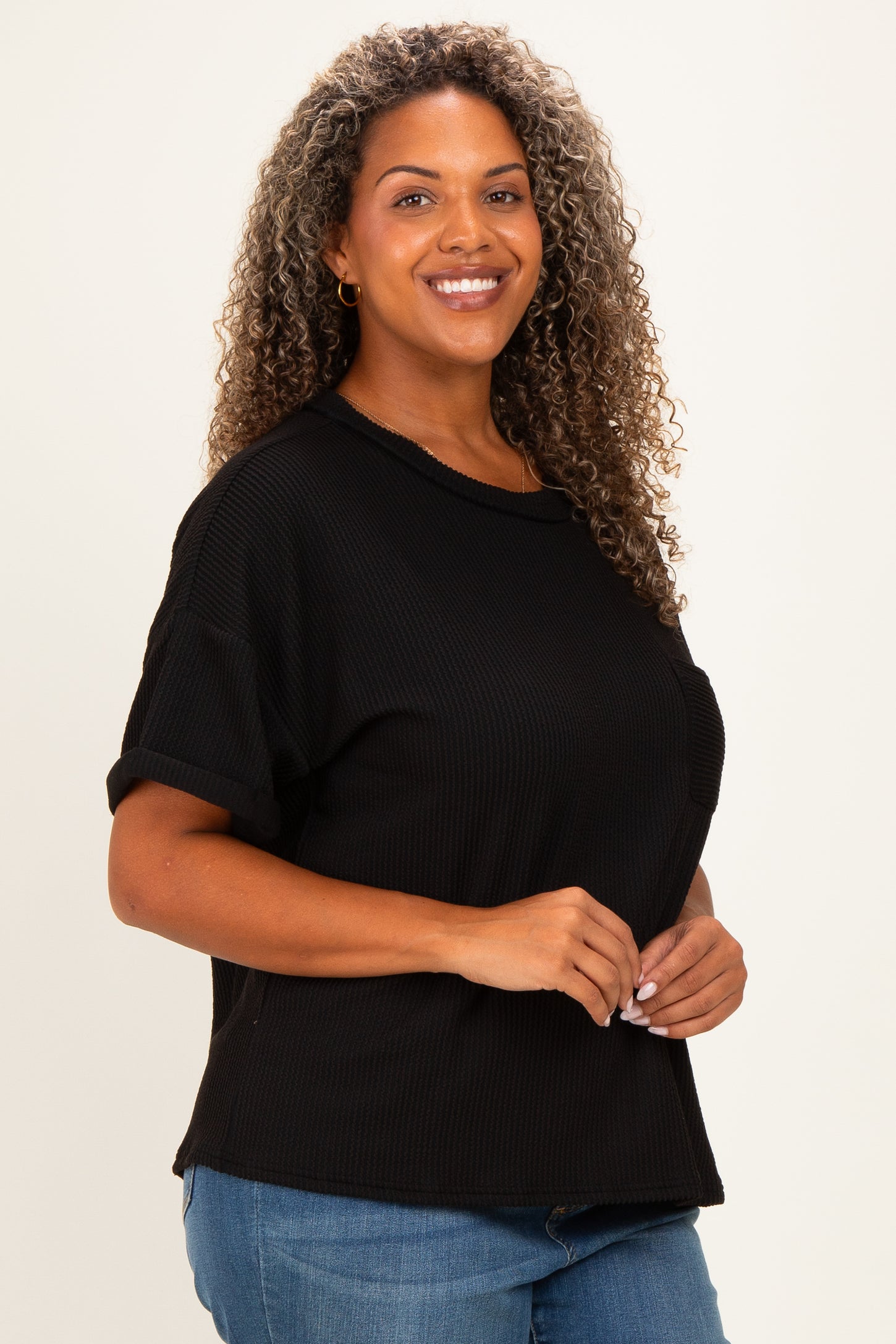 Black Plus Raised Rib Short Sleeve Front Pocket Top