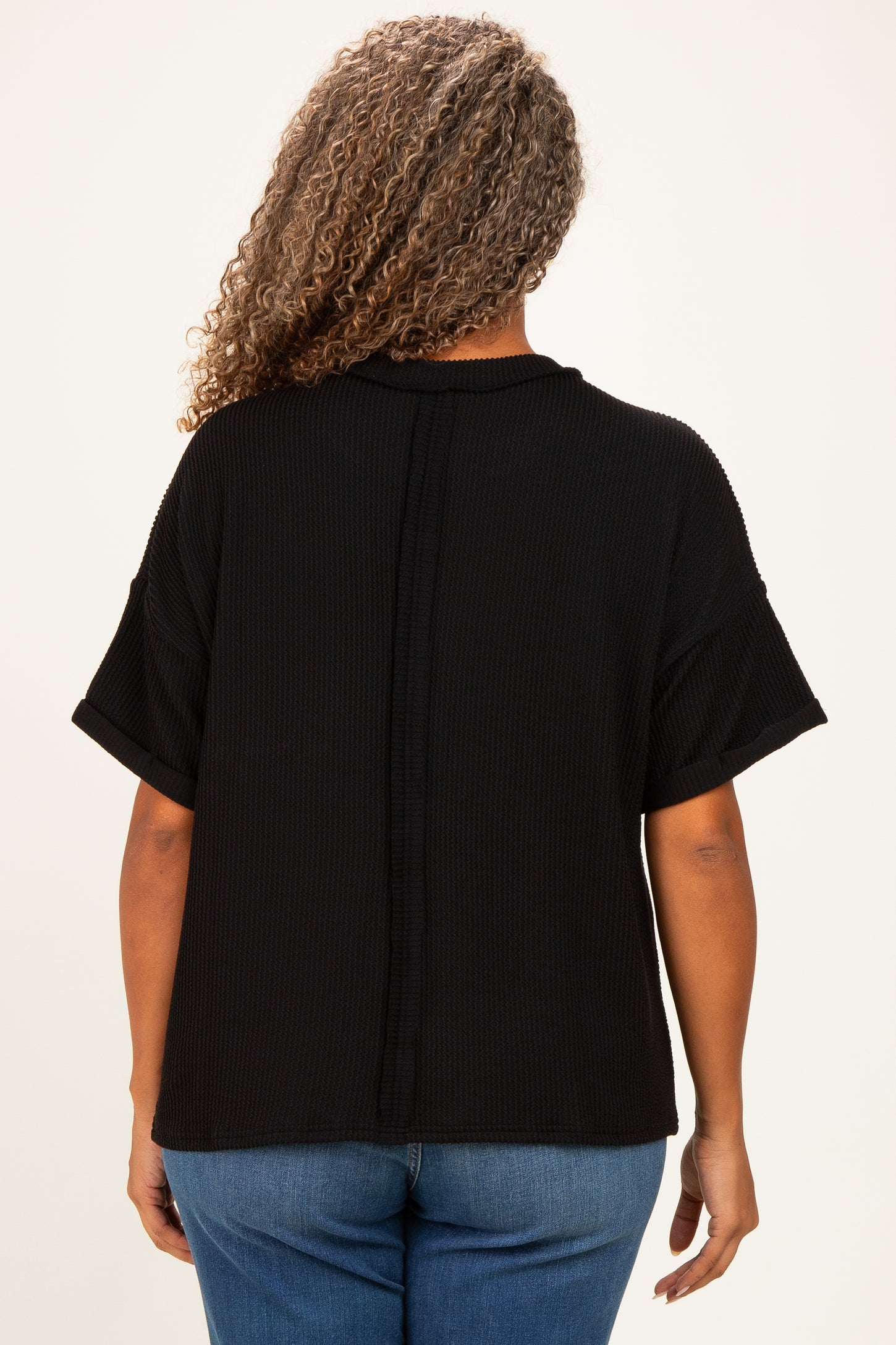 Black Plus Raised Rib Short Sleeve Front Pocket Top