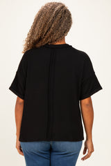 Black Plus Raised Rib Short Sleeve Front Pocket Top