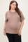 woman wearing a taupe ribbed maternity plus top with a pocket and short sleeves, showing her baby bump